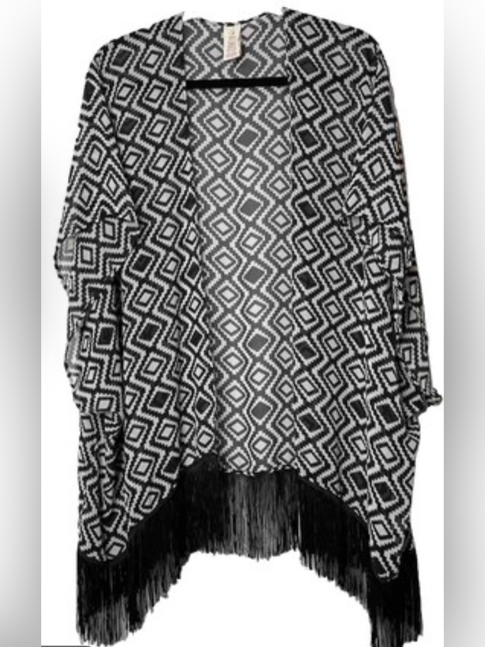 Open-Front Geometric Fringe Kimono- Black & White